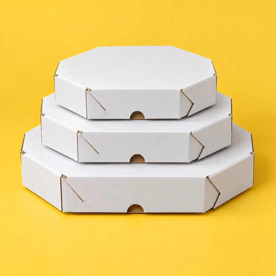 Caixas de pizza oitavadas brancas empilhadas, sem impressão